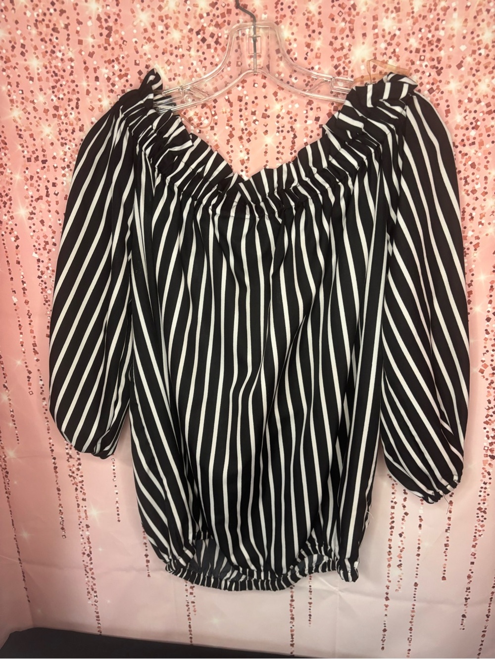 Ashley Stewart Black & White Striped Off-Shoulder Tunic